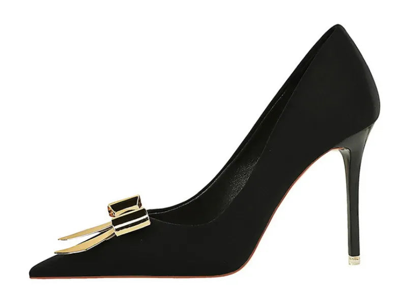 KissICON Fashionable Pointed High Heels Metal Bow Thin Heels