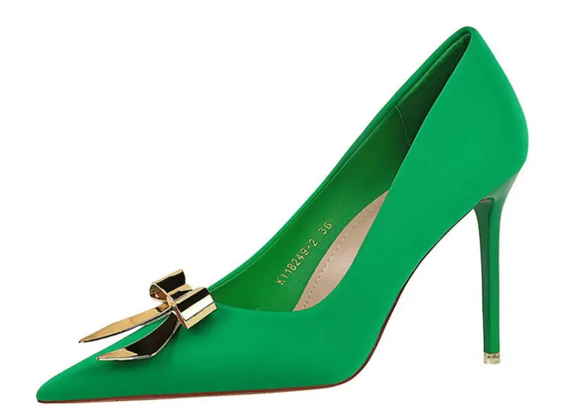 KissICON Fashionable Pointed High Heels Metal Bow Thin Heels