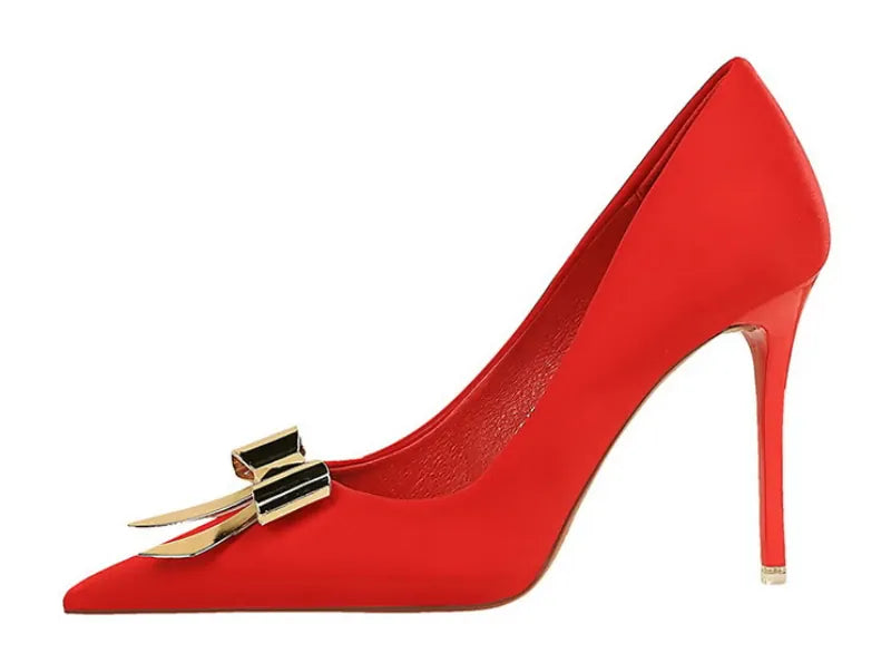 KissICON Fashionable Pointed High Heels Metal Bow Thin Heels