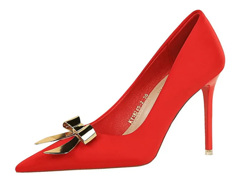 KissICON Fashionable Pointed High Heels Metal Bow Thin Heels