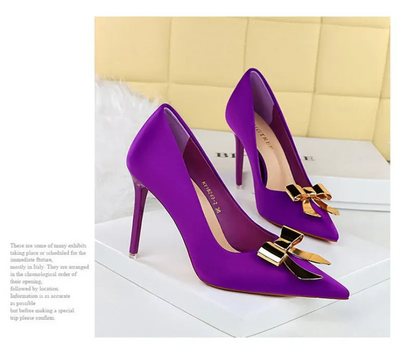 KissICON Fashionable Pointed High Heels Metal Bow Thin Heels