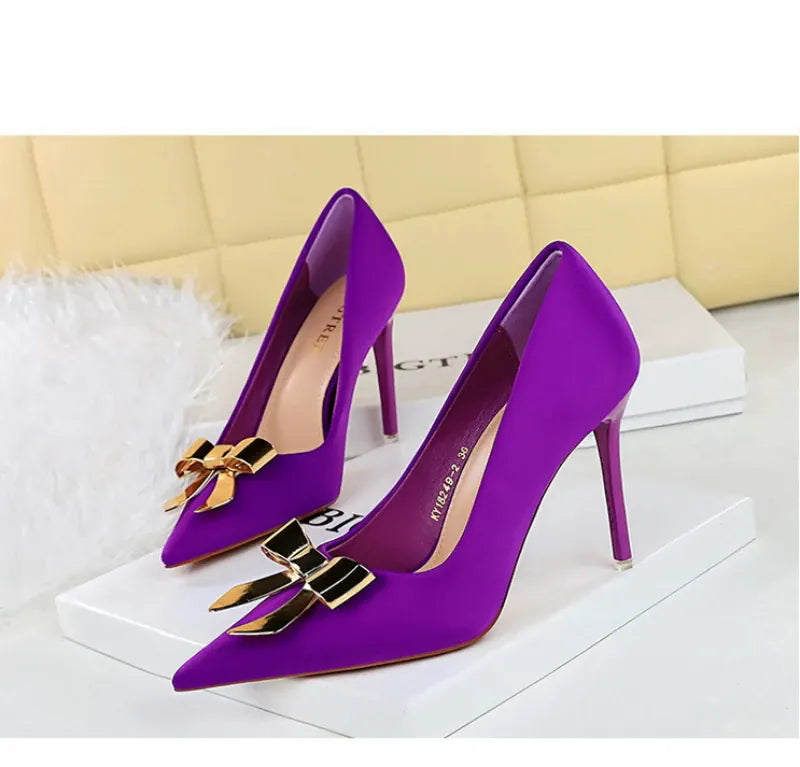 KissICON Fashionable Pointed High Heels Metal Bow Thin Heels
