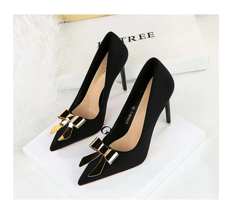KissICON Fashionable Pointed High Heels Metal Bow Thin Heels
