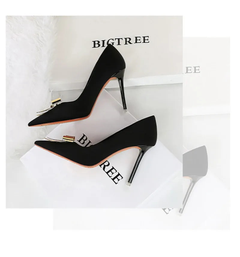 KissICON Fashionable Pointed High Heels Metal Bow Thin Heels