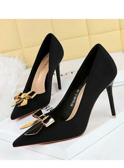 KissICON Fashionable Pointed High Heels Metal Bow Thin Heels
