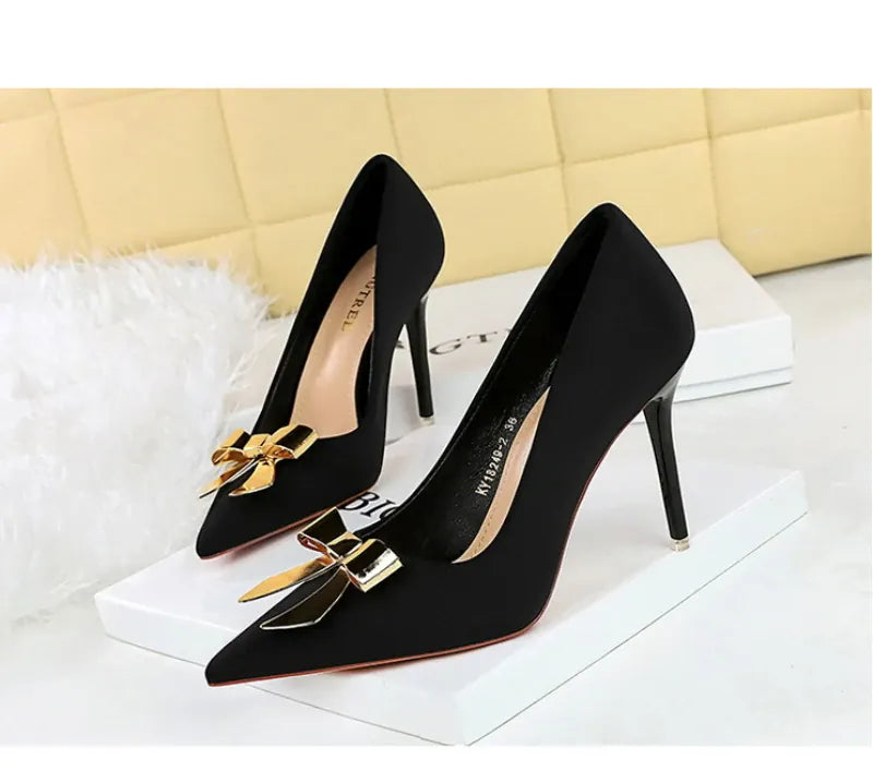 KissICON Fashionable Pointed High Heels Metal Bow Thin Heels
