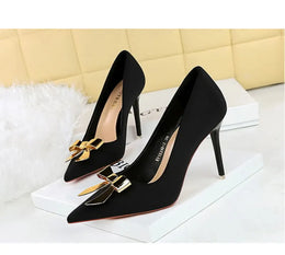 KissICON Fashionable Pointed High Heels Metal Bow Thin Heels
