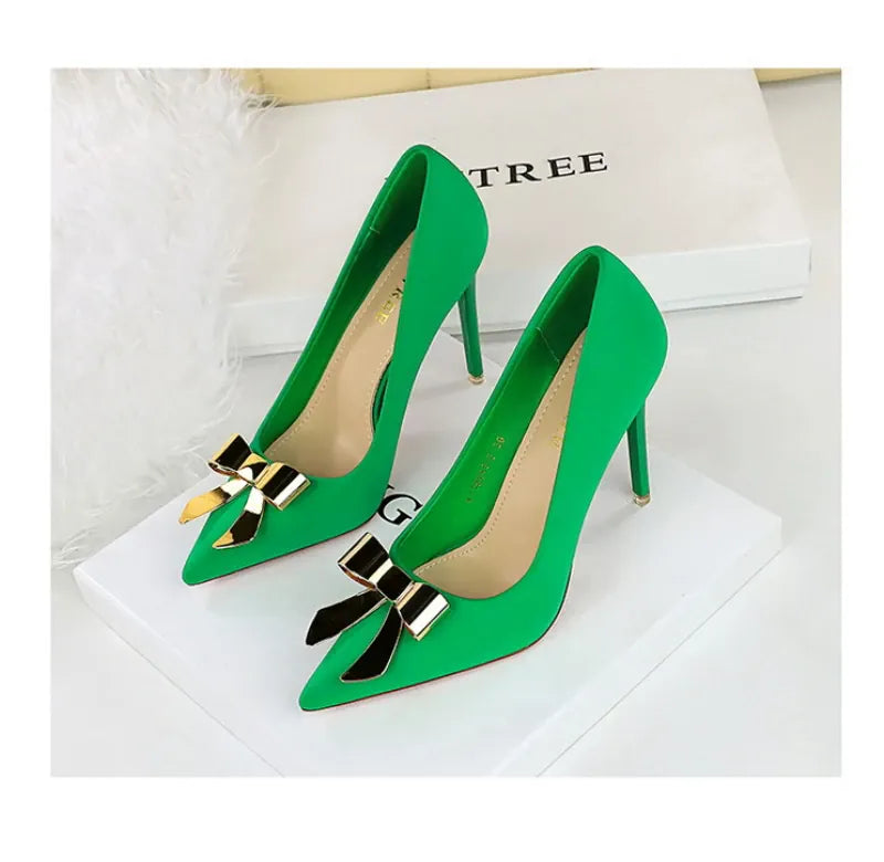 KissICON Fashionable Pointed High Heels Metal Bow Thin Heels