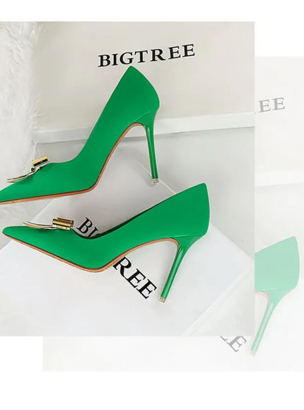 KissICON Fashionable Pointed High Heels Metal Bow Thin Heels