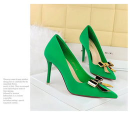 KissICON Fashionable Pointed High Heels Metal Bow Thin Heels