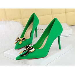 KissICON Fashionable Pointed High Heels Metal Bow Thin Heels
