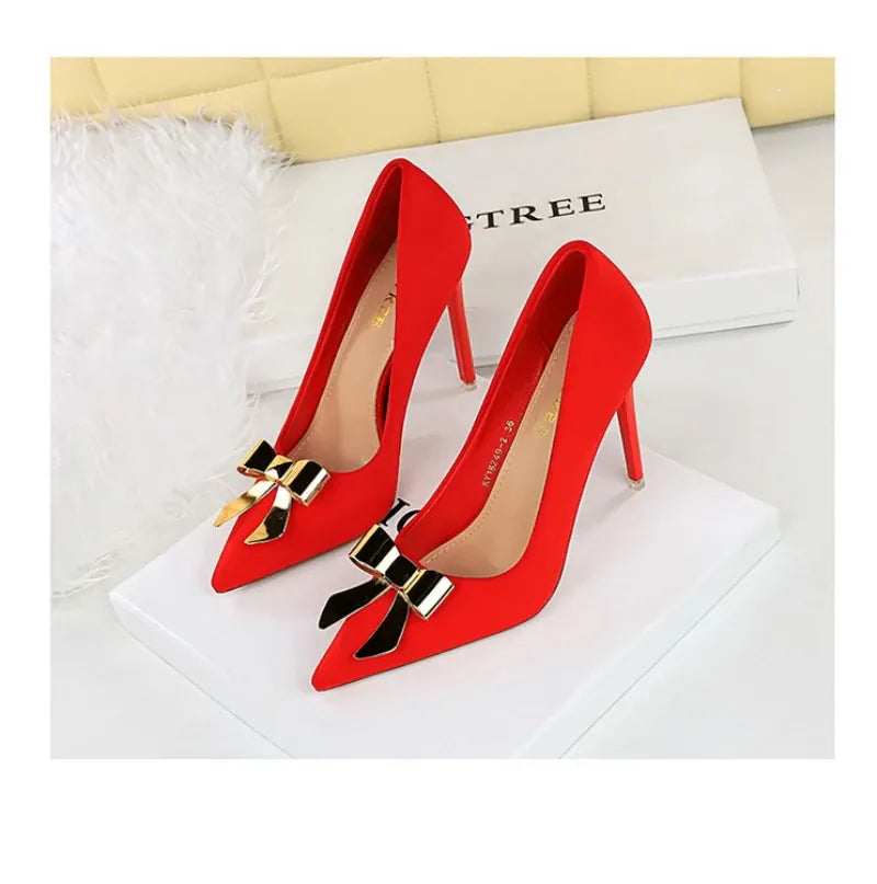 KissICON Fashionable Pointed High Heels Metal Bow Thin Heels