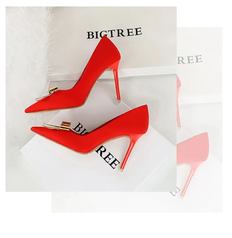 KissICON Fashionable Pointed High Heels Metal Bow Thin Heels