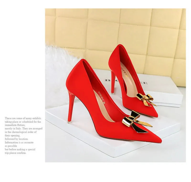 KissICON Fashionable Pointed High Heels Metal Bow Thin Heels