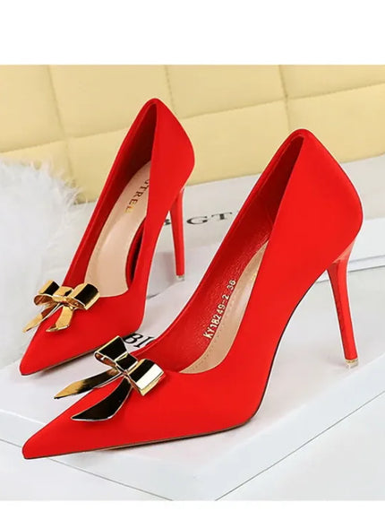 KissICON Fashionable Pointed High Heels Metal Bow Thin Heels