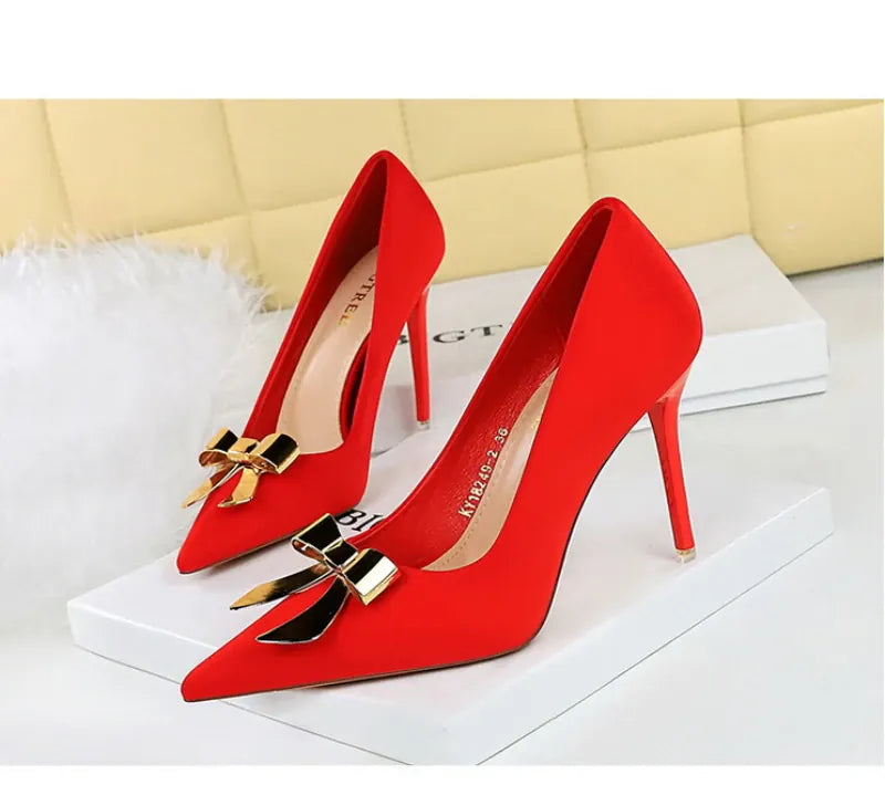 KissICON Fashionable Pointed High Heels Metal Bow Thin Heels