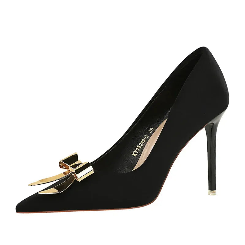 KissICON Fashionable Pointed High Heels Metal Bow Thin Heels