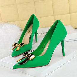 KissICON Fashionable Pointed High Heels Metal Bow Thin Heels
