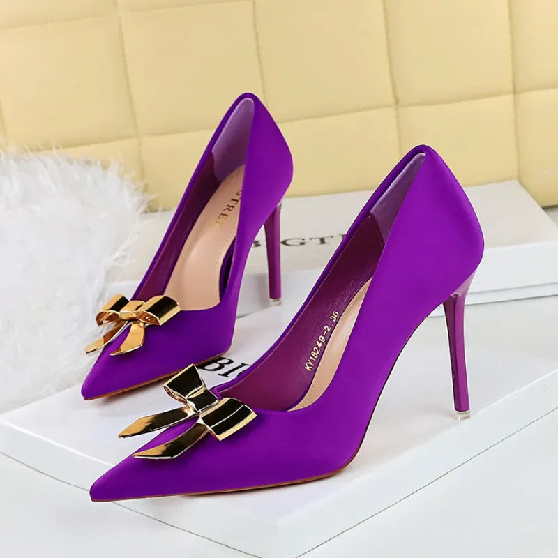 KissICON Fashionable Pointed High Heels Metal Bow Thin Heels