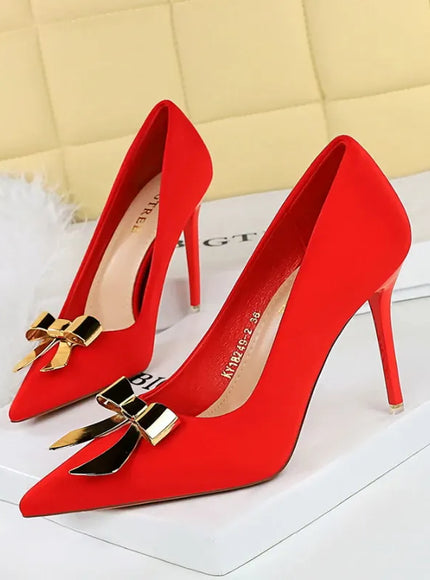 KissICON Fashionable Pointed High Heels Metal Bow Thin Heels