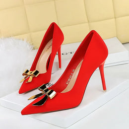 KissICON Fashionable Pointed High Heels Metal Bow Thin Heels