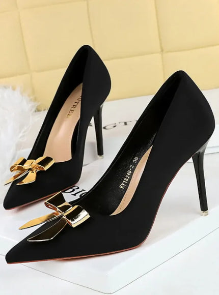 KissICON Fashionable Pointed High Heels Metal Bow Thin Heels