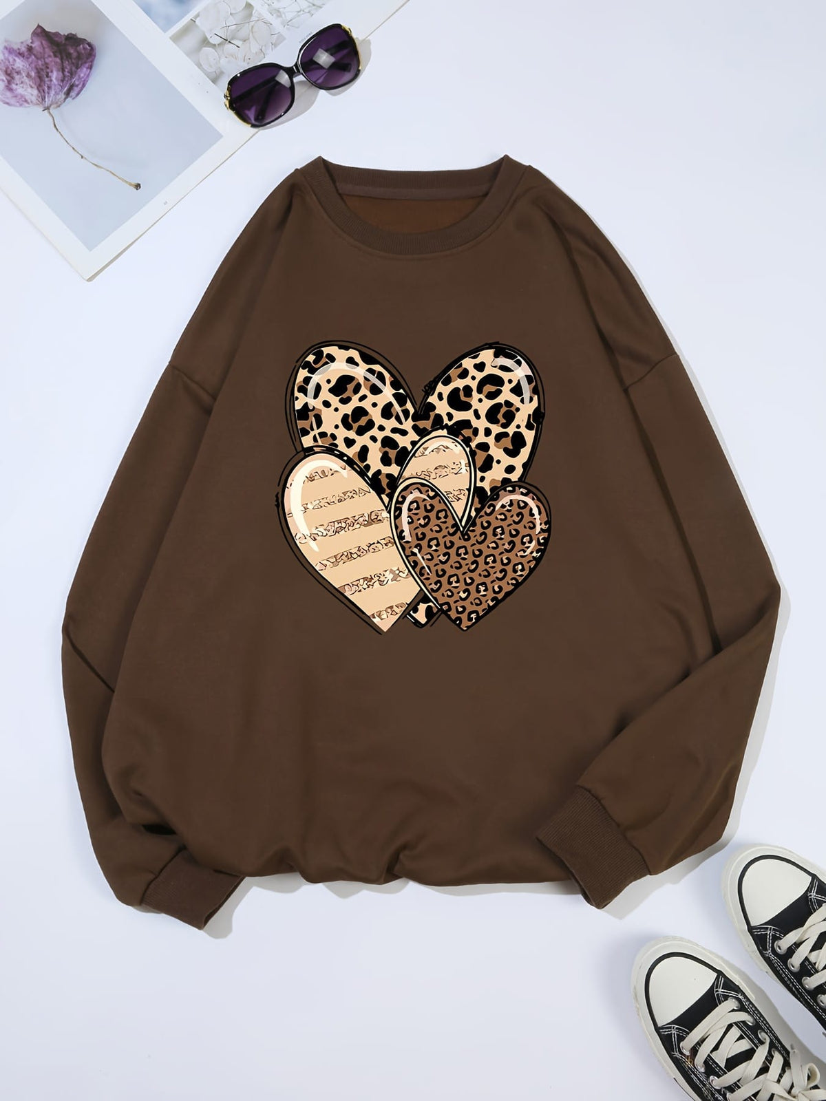 jkthpu-45 Fashionable Round-Neck Sweatshirt with Leopard Print And Heart