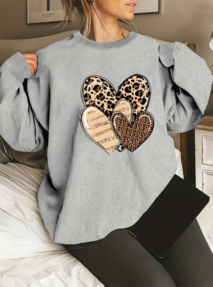 jkthpu-45 Fashionable Round-Neck Sweatshirt with Leopard Print And Heart