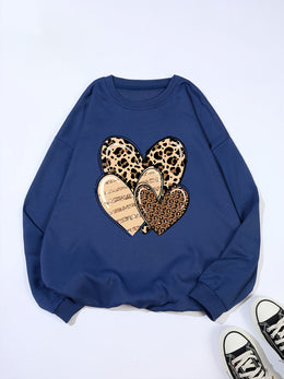 jkthpu-45 Fashionable Round-Neck Sweatshirt with Leopard Print And Heart