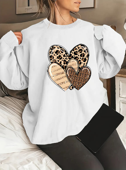 jkthpu-45 Fashionable Round-Neck Sweatshirt with Leopard Print And Heart