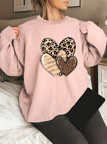 jkthpu-45 Fashionable Round-Neck Sweatshirt with Leopard Print And Heart