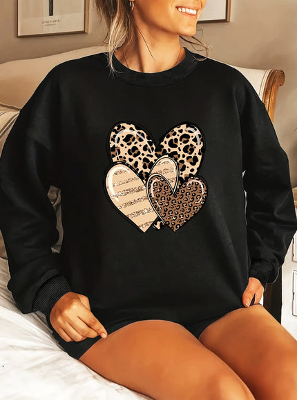 jkthpu-45 Fashionable Round-Neck Sweatshirt with Leopard Print And Heart