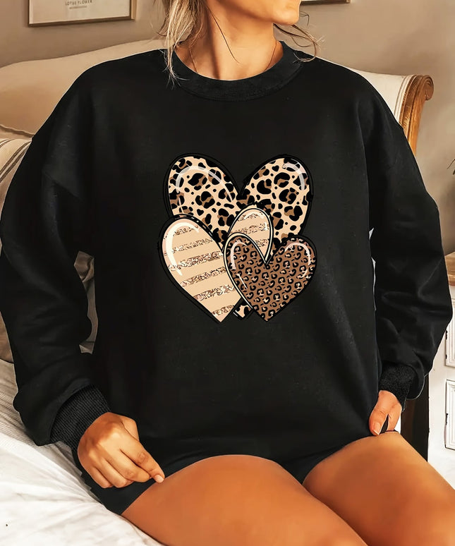 jkthpu-45 Fashionable Round-Neck Sweatshirt with Leopard Print And Heart