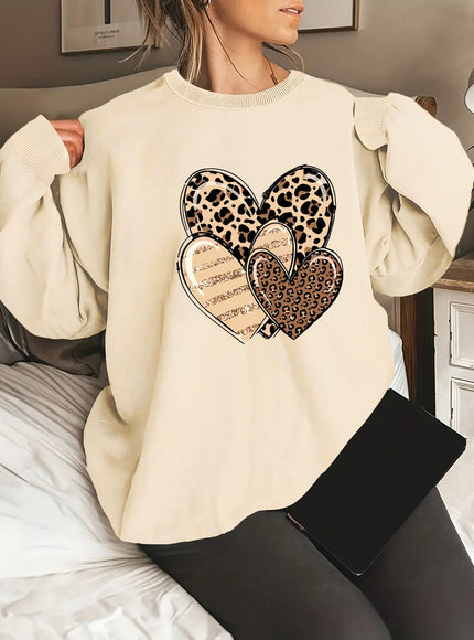 jkthpu-45 Fashionable Round-Neck Sweatshirt with Leopard Print And Heart