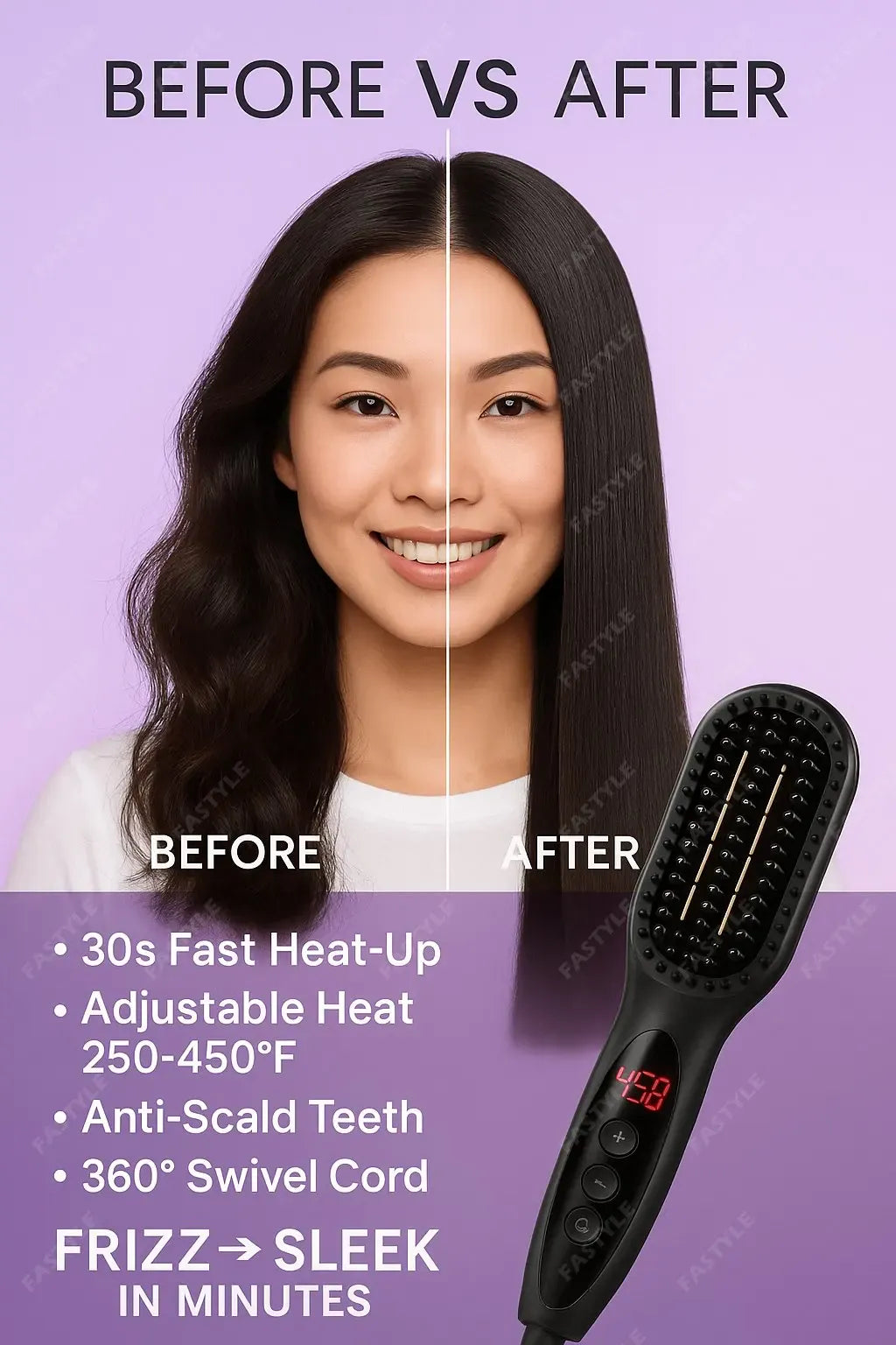 KissICON Fastyle Hair Straightening Brush Smooth Frizz Free Shine