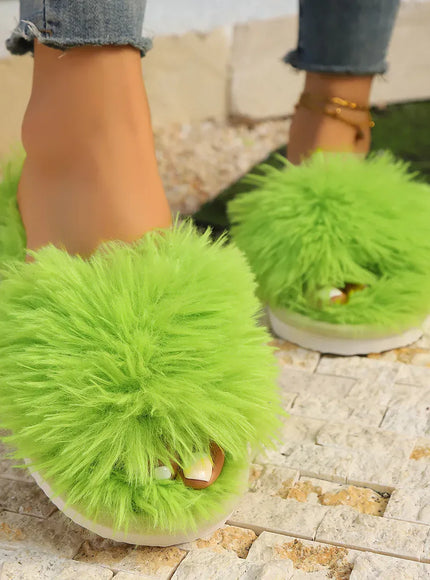 KissICON Faux Fur Fluffy Slippers For Women Winter Warm