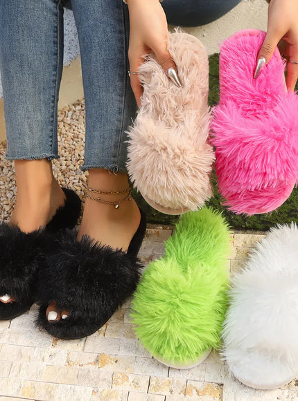 KissICON Faux Fur Fluffy Slippers For Women Winter Warm