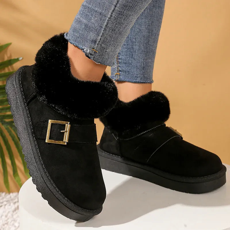 KissICON Faux Suede Buckle Decor Ankle Boots Women Winter