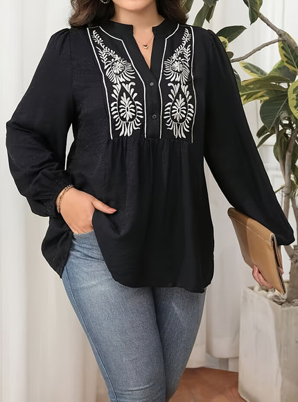 Plus Size, Women's Plus Size Blouse - Elegant Black & Floral-like Pattern, Loose Fit Maxi Shirt with Lantern Sleeves for Formal/Casual Events - Machine Washable Non-See-Through Blouse - Curvy Women's Tops, Versatile Top, Embr