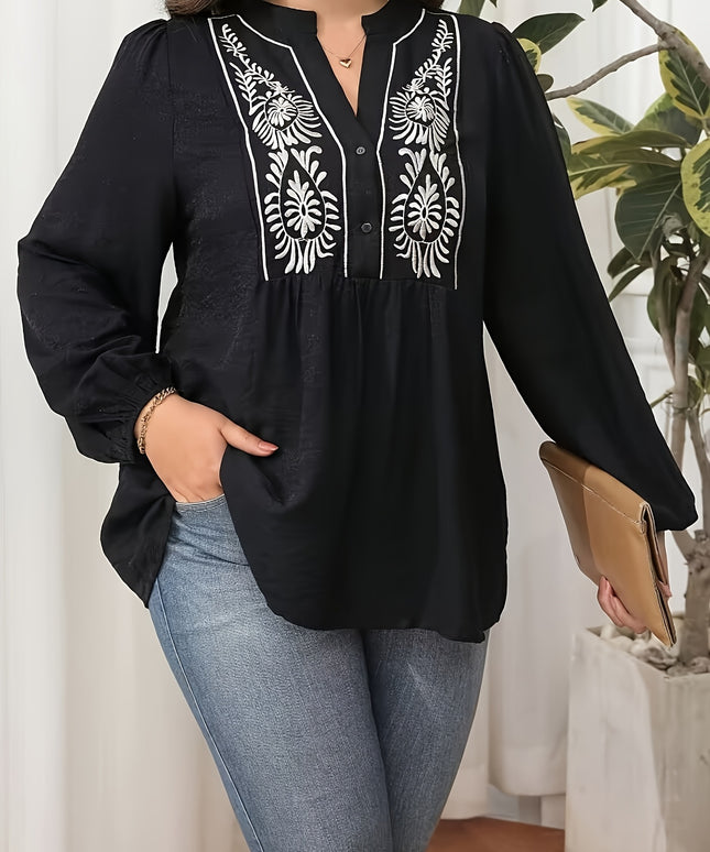 Plus Size, Women's Plus Size Blouse - Elegant Black & Floral-like Pattern, Loose Fit Maxi Shirt with Lantern Sleeves for Formal/Casual Events - Machine Washable Non-See-Through Blouse - Curvy Women's Tops, Versatile Top, Embr