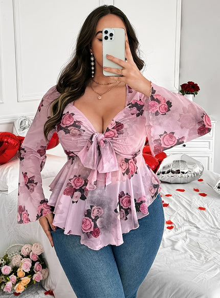 Plus Size Women's Floral Print Long Sleeve T-Shirt - Sweetheart Neckline, Ruffled Hem, Knot Detail, Pink Rose Design, Machine Washable, Romantic Valentine's Day Style, Love Themed Outfit | Nonstretch Fabric, Ladies T Shirts