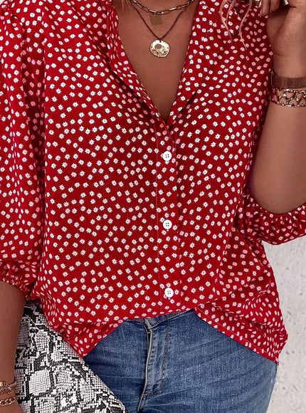 Plus Size Women's Casual Shirt - Floral Print Front Button-Up Blouse with Puff Sleeves, Stand-Up Collar & Lightweight Breathable Fabric for Summer, Machine Washable H-Line Silhouette (Elegant Collection), Relaxed Fit Clothing