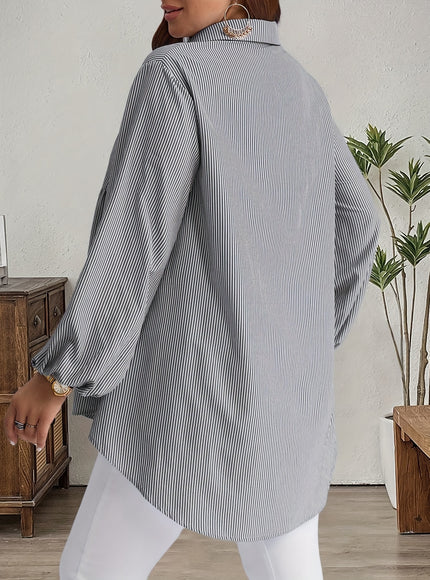 Plus Size, Women's Plus Size Oversized White & Green Horizontal Striped Button- Shirt Jacket-like Blouse - Short Sleeve-like Collar, Wrinkle-Resistant (Machine Washable) H-Line Fit for Year-Round Casual & Dressy Wear (No)
