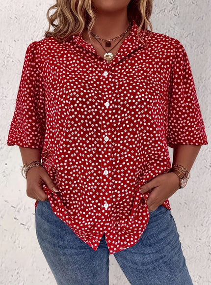 Plus Size Women's Casual Shirt - Floral Print Front Button-Up Blouse with Puff Sleeves, Stand-Up Collar & Lightweight Breathable Fabric for Summer, Machine Washable H-Line Silhouette (Elegant Collection), Relaxed Fit Clothing