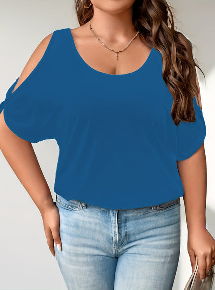 Plus Size Solid Cold Shoulder Women's Casual Crew Neck Short Sleeve T-Shirt