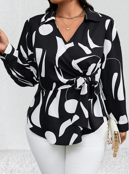 Plus Size - Plus Size Women'S Casual Shirt - Black & White Geometric Pattern, Long Sleeve, Button-Up with Tie Waist, Lightweight Non-Stretch Fabric, All-Season Versatile Top for Casual Attire, Versatile Fashion | Geometric Pa