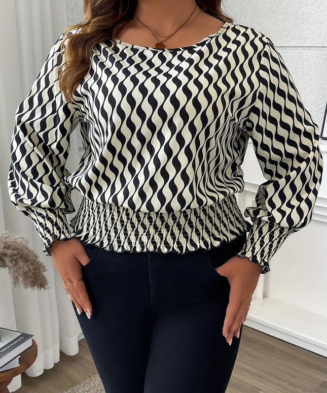 100% Polyester Elegant Plus Size Blouses for Women - Crew Neck Shirred Oversized Woven Print Shirt with Non-Stretch Fabric for All Seasons