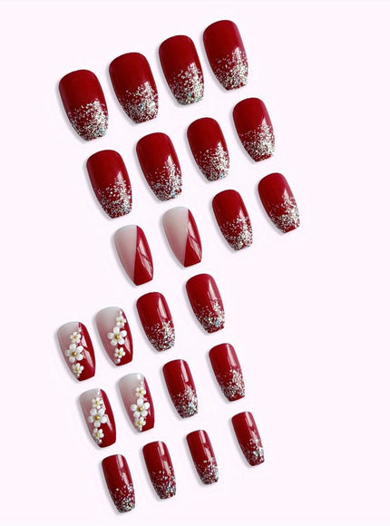 KissICON Female KissIcon 24Pcs Red Press On Nails Camellia French