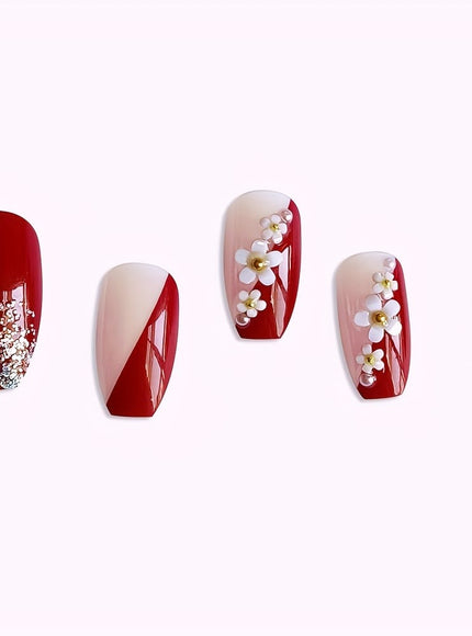 KissICON Female KissIcon 24Pcs Red Press On Nails Camellia French
