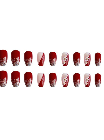 KissICON Female KissIcon 24Pcs Red Press On Nails Camellia French